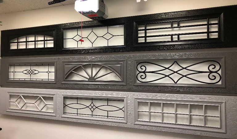 Black dark grey and light grey garage door window inserts and decorative glass