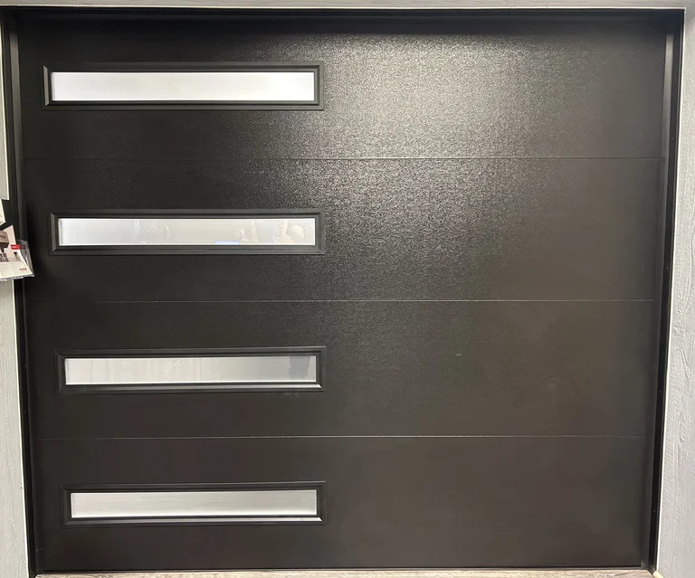 Black Flush Panel Garage Door With Slimline Stacked Frosted Glass