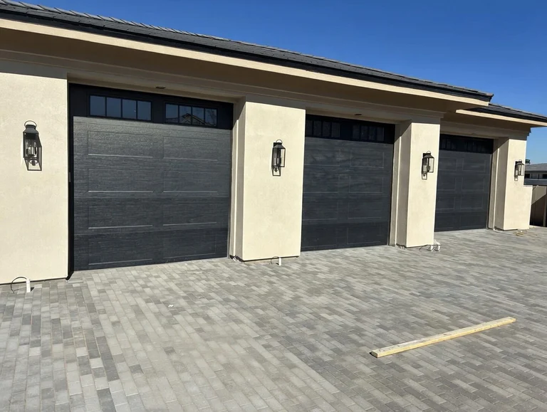 Black Long Panel Garage Doors With Windows And Decorative Inserts