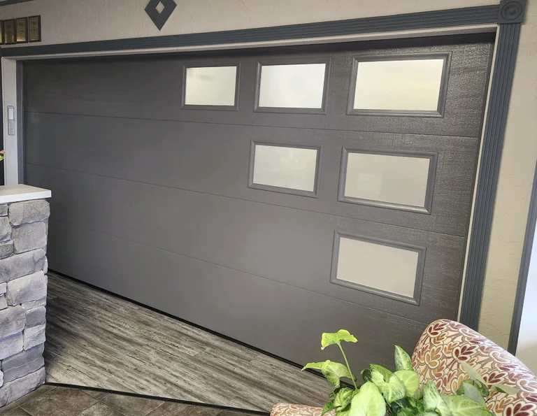 Charcoal Grey Flush Panel Garage Door With Mosaic Frosted Windows