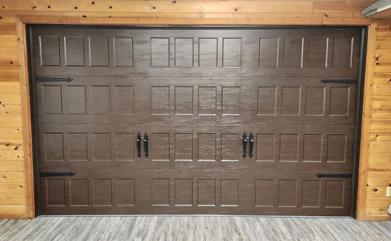 Chocolate Brown Recessed Garage Door With Decorative Hardware