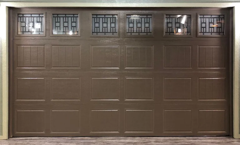 Dark Brown Short Panel Recessed Garage Door With Decorative Glass