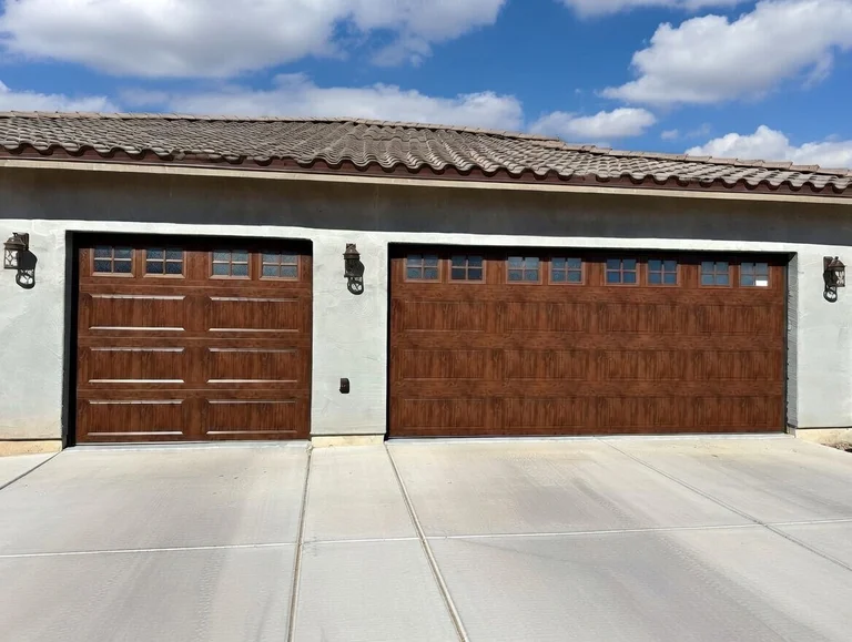 Long Panel Wood Grain Garage Door With Short Panel Glass And Decorative Inserts