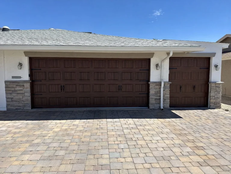 Mahogany Short Panel Bead Board Garage Door With Accent Hardware