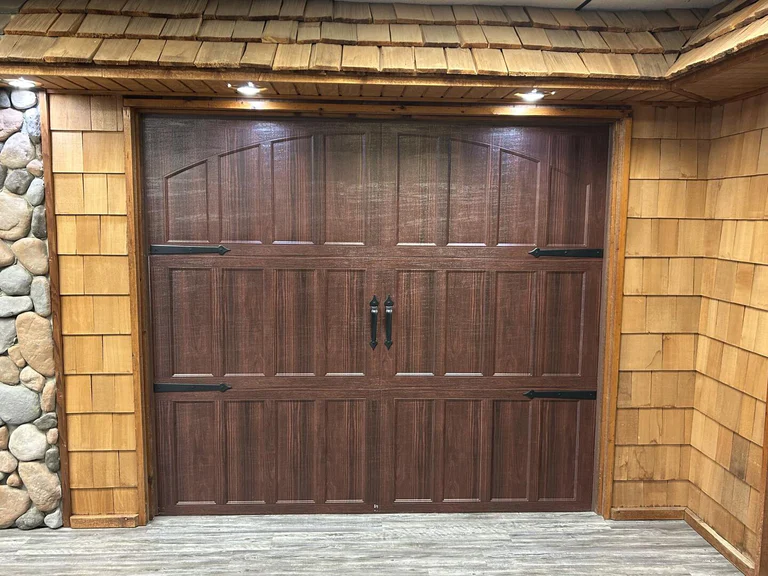 Mahogony Northampton garage door with decorative hardware
