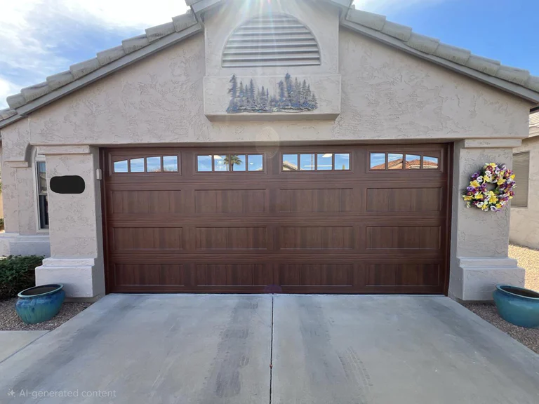 Walnut Long Panel Recessed Garage Door With Decorative Arched Glass Inserts