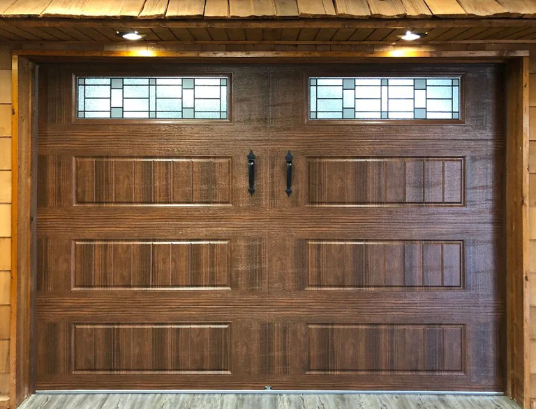 Walnut Long Panel Recessed Garage Door With Decorative Glass And Decorative Hardware