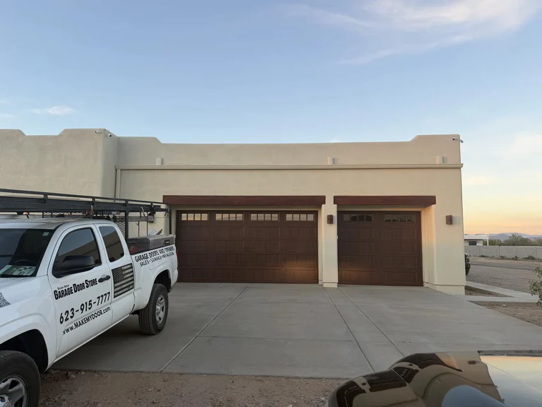 Walnut Long Panel Recessed Garage Door With Long Panel Glass And Decorative Inserts