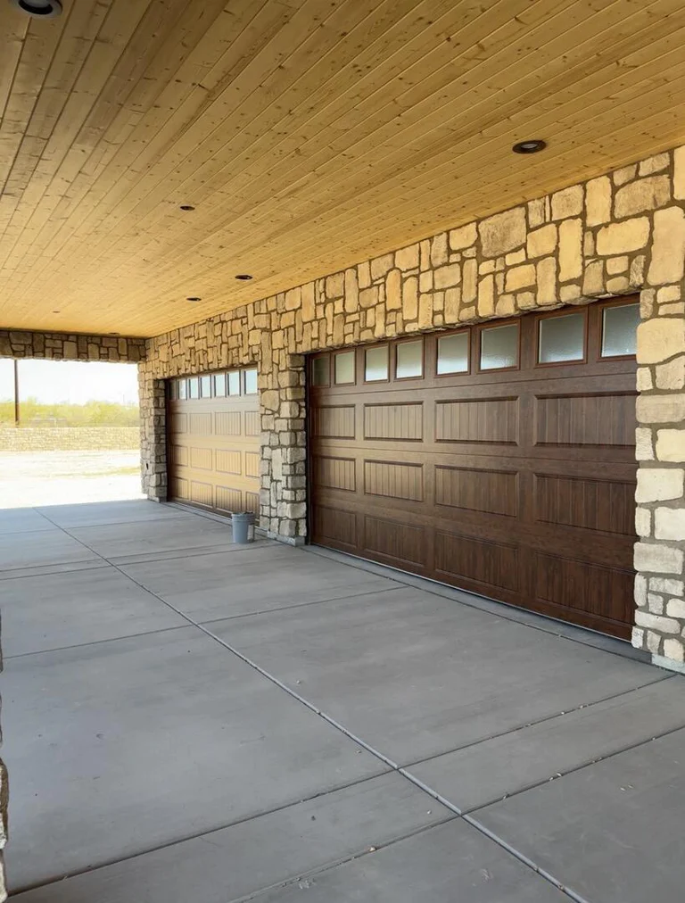 Walnut Wood Grain Long Panel Bead Board Garage Door With Windows