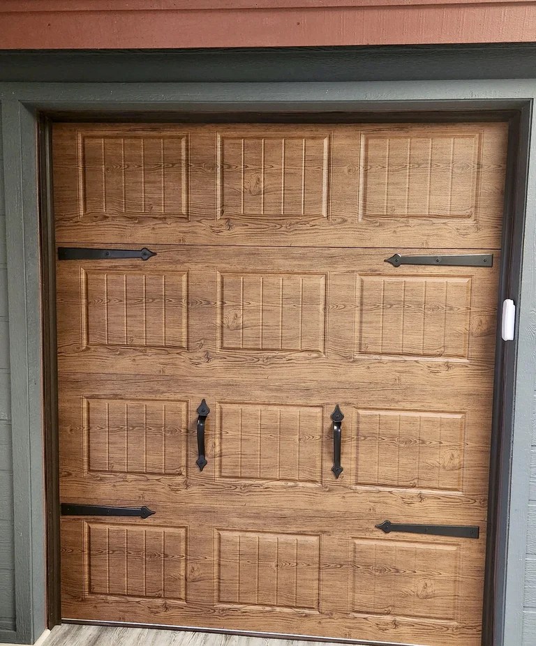 Walnut Woodgrain Short Panel Recessed Garage Door With Decorative Trim