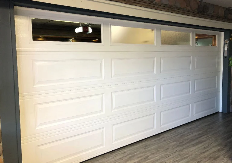 White Long Panel Garage Door With Tinted Obscured Frosted And Clear Glass