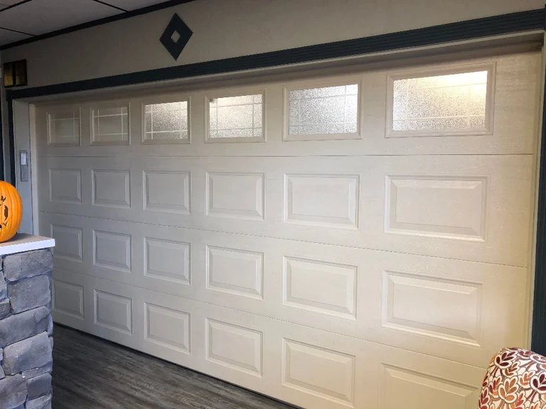 White Short Panel Garage Door With Decorative Obscured Glass